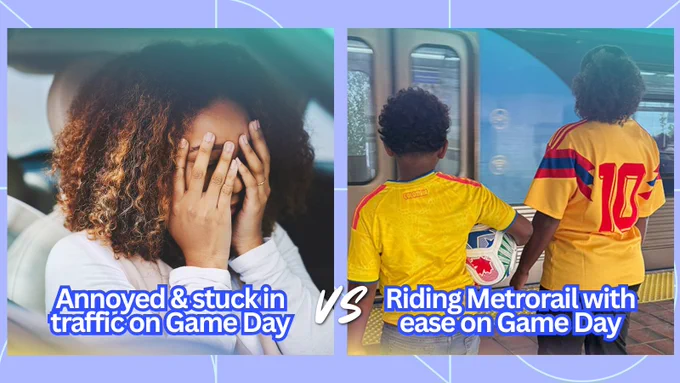 A split image showing a woman frustrated in traffic versus children easily riding the Metrorail on Game Day. The text reads, \"Annoyed & stuck in traffic on Game Day VS Riding Metrorail with ease on Game Day.\"
