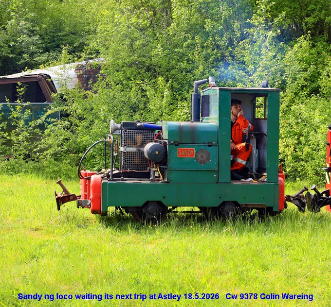 Sandy ng loco waiting its next trip at Astley 18.5.2026     Cw 9378 
“Sandy” presumably named as it used to work on the Pilkington’s sand railway in the Rainford and Bickerstaff area of south west Lancashire.
It is a 4-ton Simplex engine that is now preserved at the Astley mining museum near Astley just off the East Lancashire Road. 
Here it awaits its next turn of duty at the 2026 Steam Rally when the 2-foot narrow gauge railway was in use giving rides around the site. 
The Astley mining museum has the last standing set of coal mining winding head gear of the once extensive Lancashire coal field.
  18.5.26 
Image Cw 9378 copyright Colin Wareing of Colin and Carole’s Creations
www.colinandcarolescreations.co.uk
www.thewoolboat.co.uk
