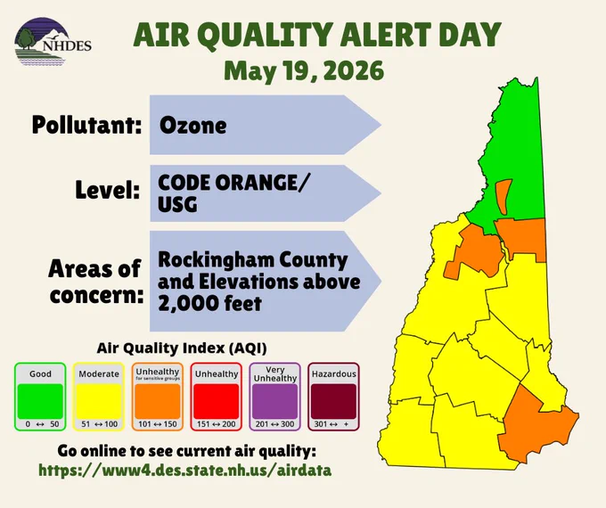 Flyer stating that there will be an air quality alert day on May 19, 2026. The pollutant is "ozone," the level is "code orange/unhealthy for sensitive groups," and the areas of concern are rockingham county and elevations above 2,000 feet."
