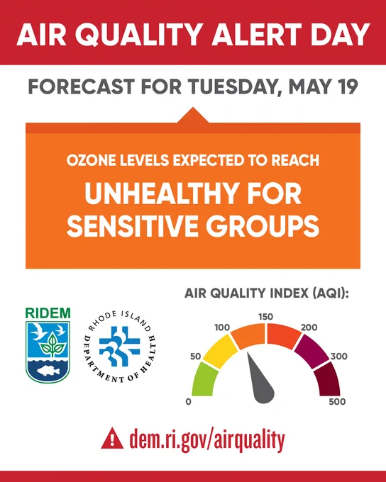Graphic with a red banner reading “Air Quality Alert Day.” Forecast for Tuesday, May 19. Orange box states: “Ozone levels expected to reach unhealthy for sensitive groups.” Air Quality Index (AQI) shown with a color-coded gauge pointing to the orange “unhealthy for sensitive groups” range. RIDEM and Rhode Island Department of Health logos appear at the bottom alongside the website dem.ri.gov/airquality.