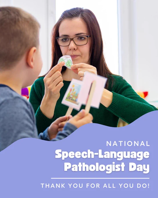 A person in a green sweater is interacting with a child. There is an overlay that reads, "National Speech-Language Pathologist Day".