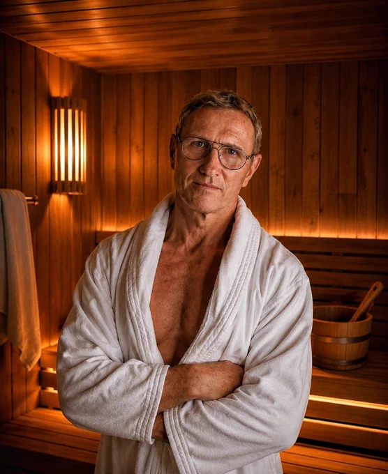 Pascal Saint James, homme de 63 ans, en peignoir blanc dans un sauna en bois à lumière chaude, regard calme et posture détendue, ambiance récupération et bien-être après séance entraînement de musculation. 