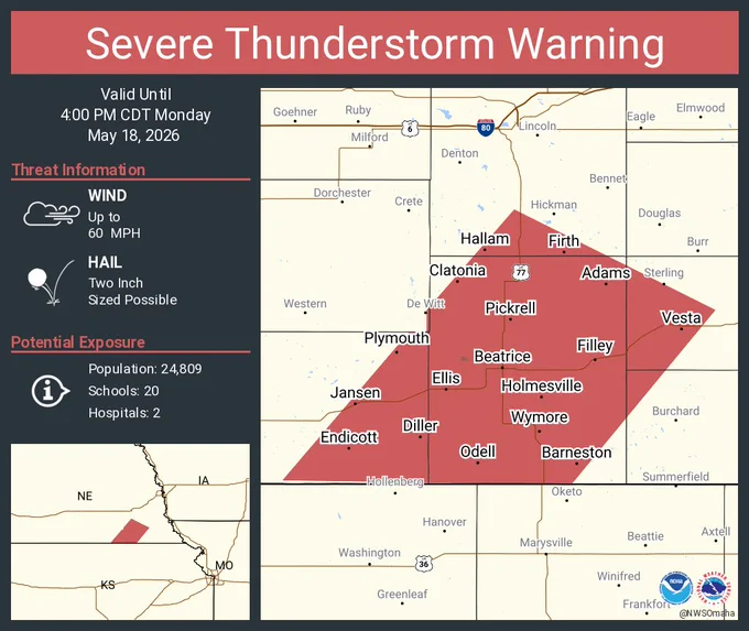 This graphic displays a severe thunderstorm warning plotted on a map. The warning is in effect until 4:00 PM CDT. The warning includes Beatrice NE, Wymore NE and Firth NE.  This warning is for South central Lancaster County in southeastern Nebraska, Southwestern Johnson County in southeastern Nebraska, Eastern Jefferson County in southeastern Nebraska, Northwestern Pawnee County in southeastern Nebraska and Gage County in southeastern Nebraska. The threats associated with this warning are wind gusts up to 60 MPH and two inch sized hail. There are 24,809 people in the warning along with 20 schools and 2 hospitals.