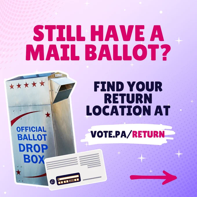 Text reads “still have a mail ballot? Find your return location at vote.pa/return”
