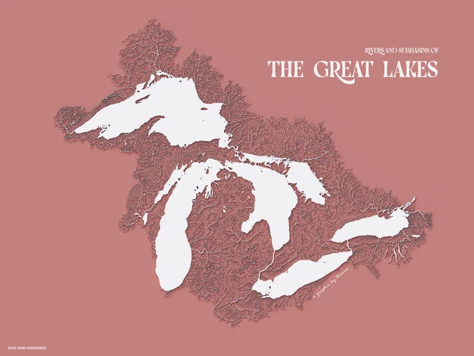 A visualisation of the rivers and subbasins of the Great Lakes