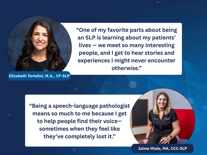 Graphic showing headshots of two SLPs and their favorite thing about their job. 
“One of my favorite parts about being an SLP is learning about my patients’ lives—we meet so many interesting people, and I get to hear stories and experiences I might never encounter otherwise.” says Elizabeth Tortolini, M.A., CF-SLP
“Being a SLP means so much to me because I get to help people find their voice—sometimes when they feel like they’ve completely lost it.” says Jaime Miale, MA, CCC-SLP