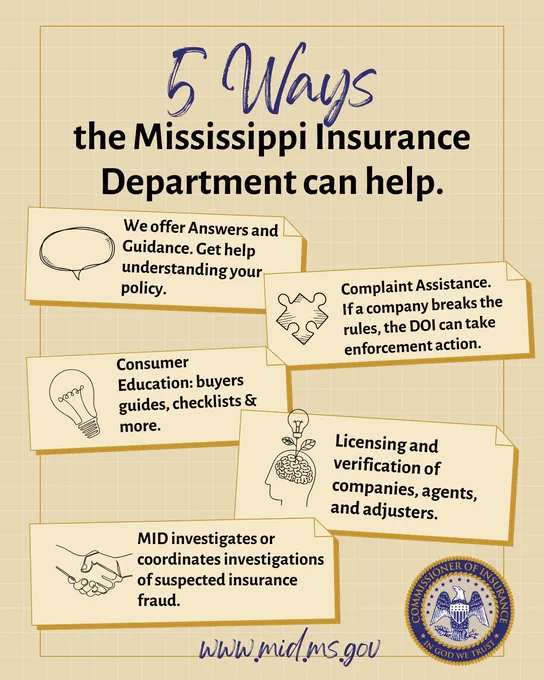 Five ways the Mississippi Insurance Department assists consumers, including policy guidance, complaint enforcement, education, licensing, and fraud investigation.