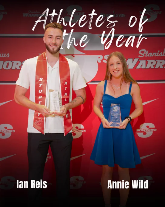 Ian Reis and Annie Wild pose with their Athlete of the Year awards at the STANYS. Reis wears a Stan State athletics stole while Wild wears a blue dress as both stand in front of a red Stanislaus State Athletics backdrop holding their trophies.