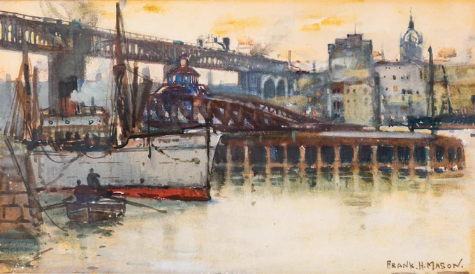 Coming to auction, a signed and framed watercolor by Frank Henry Mason (1875-1965): 'Newcastle-on-Tyne - The Two Bridges'.

15cm x 26.5cm.

A prolific painter of maritime scenes, Mason also designed travel and railway posters.

Image: David Duggleby Auctioneers & Valuers
