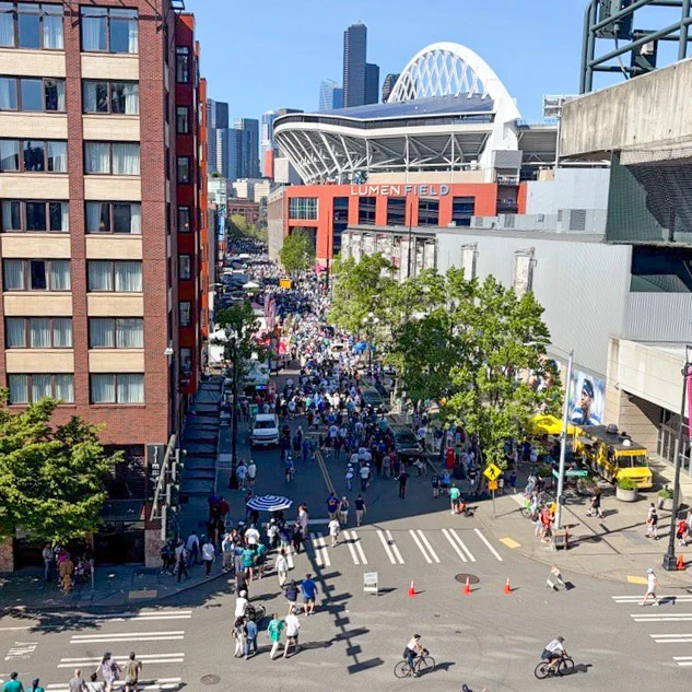 People outside Lumen Field (called Seattle Stadium during World Cup matches) after a Mariners game, 2026.