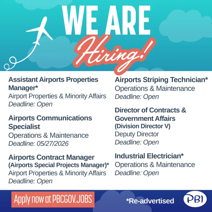 Graphic that says 'WE ARE HIRING' at the top with job openings from Palm Beach International Airport.