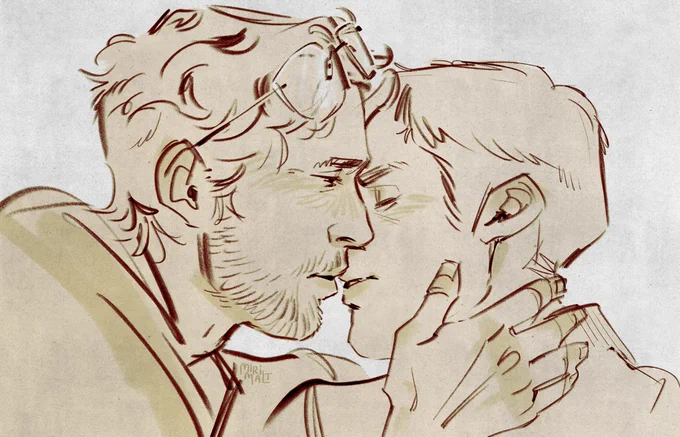 Ryland Grace (Project Hail Mary) and Driver (Drive 2011) close to each other almost kissing with one hand gently holding the other's face.