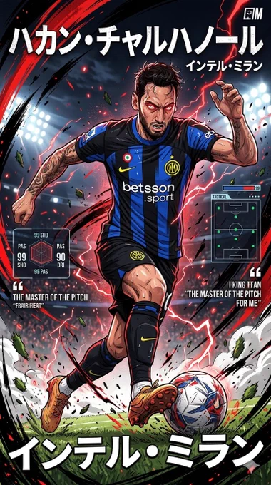 Ultra-detailed anime football legend use uploaded pictures for reference, poster, Hakan ÇALHANOĞLU ,playing at INTER MILAN, in ITALY cinematic sports illustration, dynamic soccer player sprinting through a glowing stadium, red and black energy explosion effects, aggressive brush-stroke splashes, dramatic stadium floodlights, manga-inspired action scene, powerful low-angle perspective, hyper detailed facial features, wet hair strands, intense glowing eyes, athletic muscular anatomy, realistic football kit folds, INTER Milan-inspired blue -and-black jersey aesthetic, legendary football hero atmosphere, collectible sports poster design, oversized distressed typography, Japanese katakana text elements, tactical UI graphics, stat bars, signature scribbles, player quotes, gritty textures, explosive motion energy, football sparks and debris flying around, highly detailed soccer ball, cinematic shadows, black background with red lightning accents, modern anime   sports editorial fusion emotion