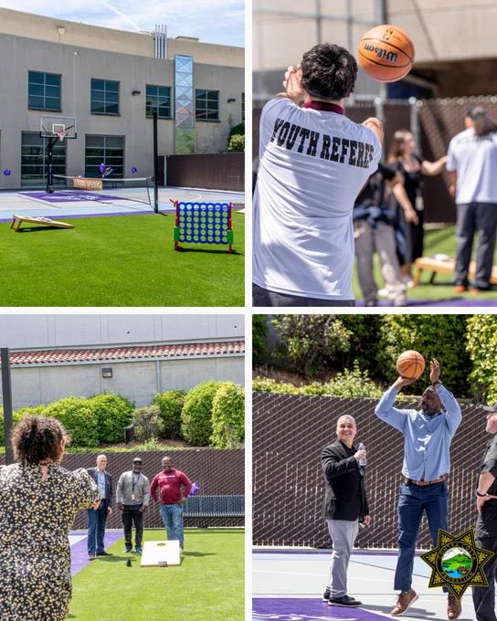 Four photo collage of an outdoor recreational area with games on a sunny day. People play corn hole and basketball, smiling and engaged. Lush greenery and a building make up the background.