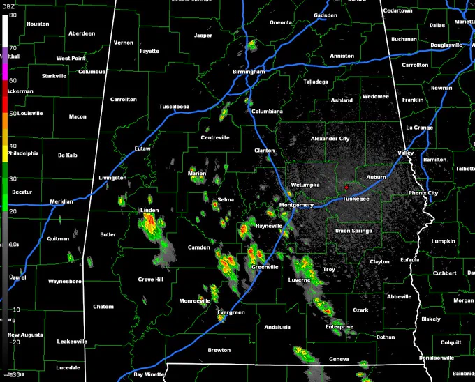 Radar depiction of isolated showers and storms in central Alabama.