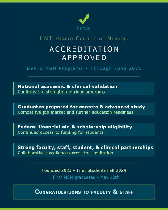 The image is an announcement from the UNT Health College of Nursing. It states that the college's accreditation is approved by the CCNE through June 2031 for BSN and MSN programs. The announcement highlights national academic and clinical validation, career preparation, financial aid eligibility, and strong faculty and student partnerships. It notes the founding in 2023, with the first MSN graduates in fall 2024. There is a congratulatory message to the faculty and staff.