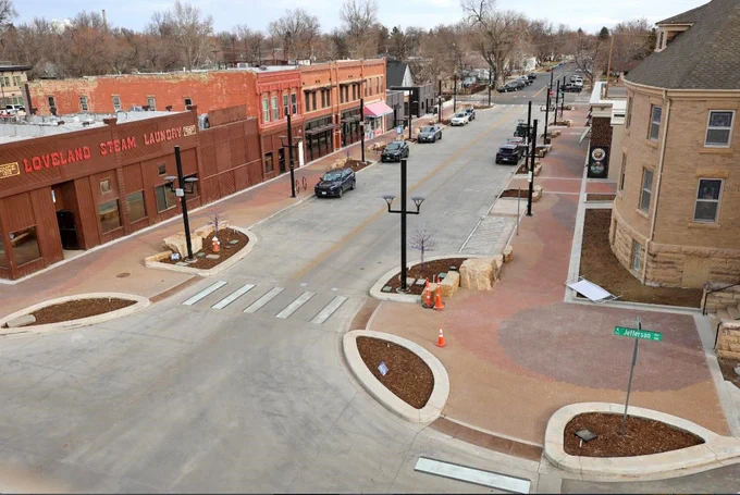 An aerial view of the completed HIP Streets project, showing the intersection at Jefferson and 4th.