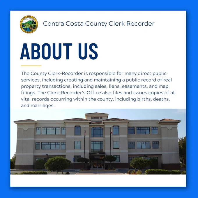 Contra Costa County Clerk Recorder office building with a description of all the services provided with the Contra Costa County Seal.