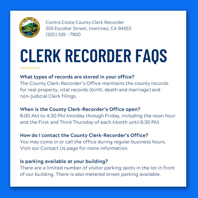Contra Costa County Clerk Recorder office details with FAQs on records, hours, contact, and parking information with the Contra Costa County Seal.