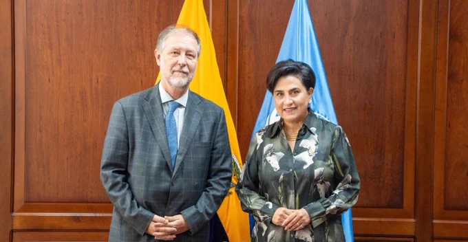 Jan Jarab en reunión con la ministra de Relaciones Exteriores, Gabriela Sommerfeld. Foto: Cancillería de Ecuador