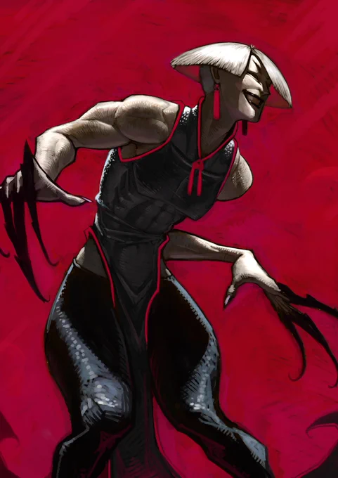 AKI from Street Fighter 6 posing in a michievous way.
She is a very pale young chinese lady with an umbrella shaped white hair. She wears a tight sleveless back dress with bright red decorations and black yoga pants. There are curved black claws on her fingers. She's is skinny but also muscular. 
She looks up while being slightly curved. Her legs are semi flexed. 
The background is a bright red constrasting with her shadowy figure.