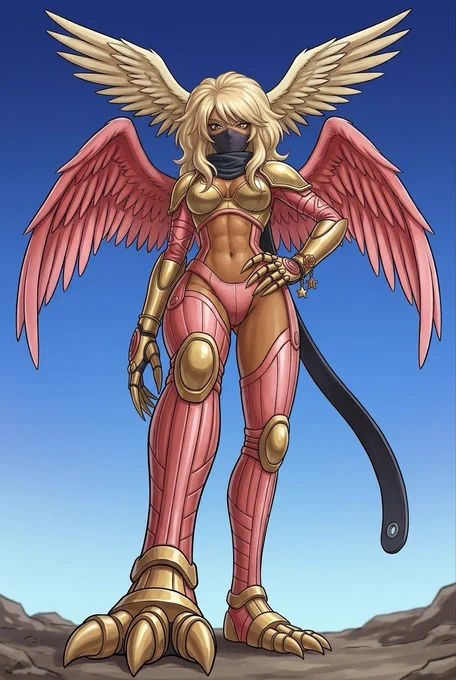 A fierce Gyaru-style Zephyrmon stands on rocky ground against a blue gradient sky. Her signature pink and gold armor is combined with dark skin, blonde hair, and a black face mask, creating a powerful fusion. The gold wings and feet details gleam under clear light.