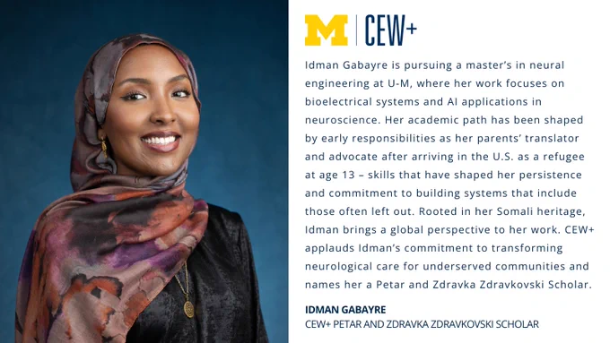 An individual is smiling and wearing a patterned scarf on their head. Next to them is a block of text with the University of Michigan (U-M) logo and "CEW " title. The text describes the individual's academic journey at U-M, focusing on neural engineering, bioelectrical systems, and AI applications. The individual is recognized as a Petar and Zdravka Zdravkovski Scholar.