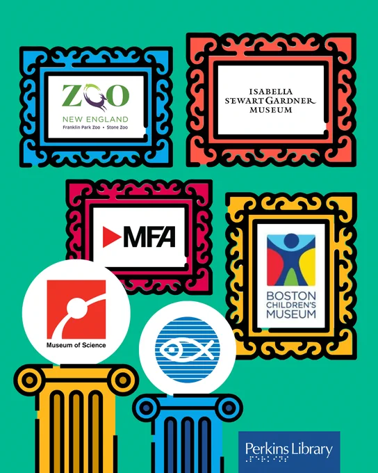 An illustration of a gallery with ornate frames and display columns showcasing a series of logos: MFA, Boston Children's Museum, Museum of Science, New England Aquarium, Isabella Stewart Gardner, and Zoo New England. Logo in corner: Perkins Library