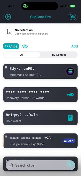 a list of clips in the ClipCard Pro application for iOS