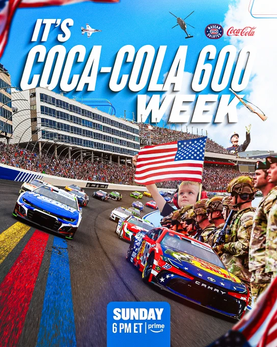 Hype graphic for the Coca-Cola 600 featuring cars on track, fans in the grandstands, troops and American flags.
