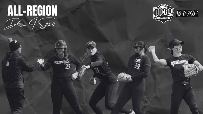 Graphic announcing NJCAA/ICCAC All-Region Division I Softball, featuring a grayscale collage of players and a coach on a textured background.