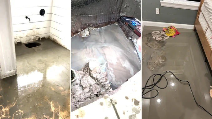 A three-panel collage showing murky, oily fluid flooding the floors of a bathroom, closet and bedroom.