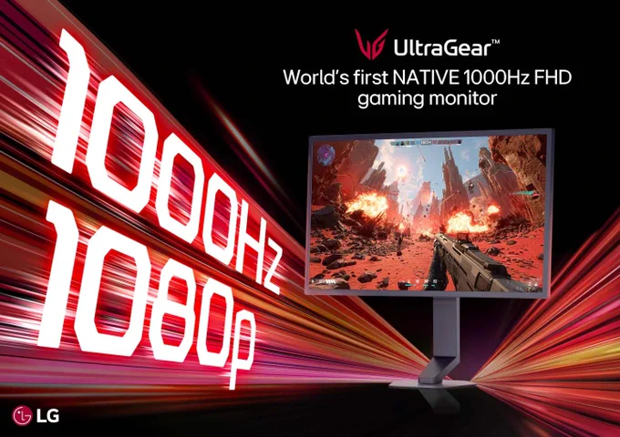 LG UltraGear gaming monitor graphic showing the world’s first native 1000Hz Full HD gaming monitor, with bold 1000Hz and 1080p text, red speed lines and gameplay displayed on the screen.