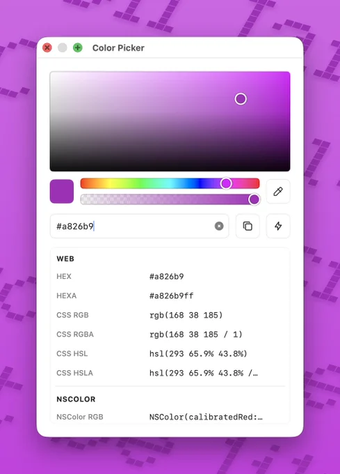 Screenshot of the color picker window, showing a color picker and multiple formats to copy from