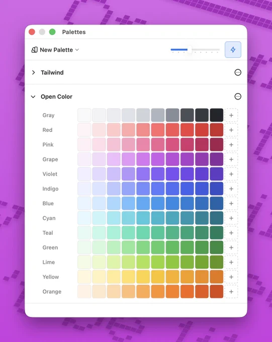Screenshot of the pallets window, showing the open color pallet with all scales and swatches ready to copy