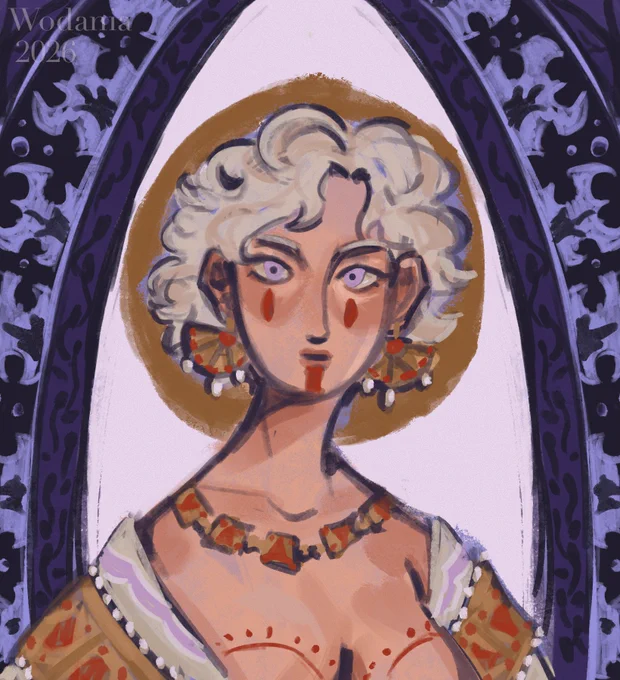 a painted portrait of dany from a song of ice and fire. behind her is a patterned background in shades of dark and light purple, as well as a halo of gold. she has her hair short and wears a white robe with her breasts exposed. she wears gold and red jewelry, with matching red face and body paint. she stares sternly.