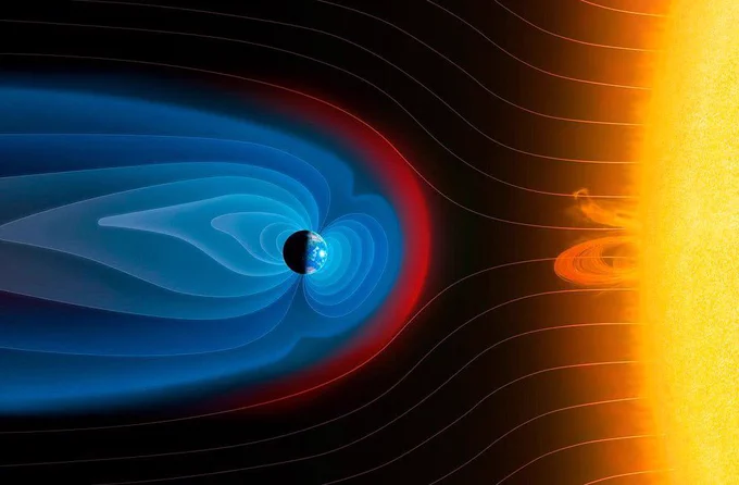 Illustration showing the interaction between the Sun\u2019s solar wind and Earth\u2019s magnetic field. The Sun appears on the right side of the image, emitting streams of charged particles toward Earth at center-left. Earth is surrounded by layered blue magnetic field lines forming a protective bubble called the magnetosphere, which is compressed on the Sun-facing side and stretched into a long tail extending away from the Sun. A curved red region at the front edge of the magnetosphere represents the bow shock where the solar wind slows and changes as it encounters Earth\u2019s magnetic environment.