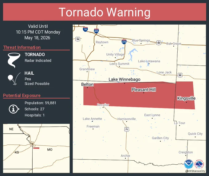 This graphic displays a tornado warning plotted on a map. The warning is in effect until 10:15 PM CDT. The warning includes Belton MO, Raymore MO and Pleasant Hill MO.  This warning is for Northern Cass County in west central Missouri and West central Johnson County in west central Missouri. The threats associated with this warning are a radar indicated tornado and pea sized hail. There are 59,881 people in the warning along with 27 schools and 1 hospital.