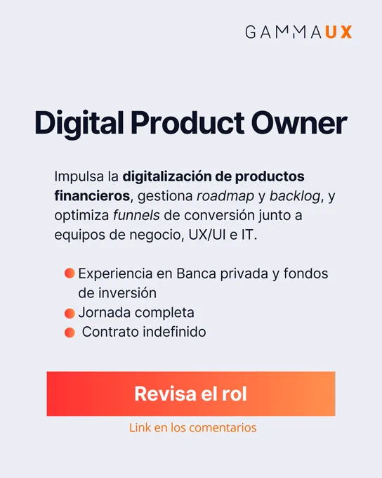 Vacante como Digital Product Owner: impulsa la digitalización de productos financieros, gestiona roadmap y backlog, y optimiza funnels de conversión junto a equipos de negocio, UX/UI e IT.