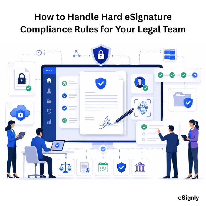 Complex eSignature compliance rules can create audit risks, weak governance & legal challenges.

Learn how legal teams can build secure, compliant & legally defensible signing workflows

https://www.esignly.com/electronic-signature/navigating-the-complexities-of-esignature-compliance-a-deep-dive-for-legal-operations-leaders.html

#ElectronicSignature #LegalCompliance #CyberSecurity #eSignly #DigitalCompliance #LegalTech