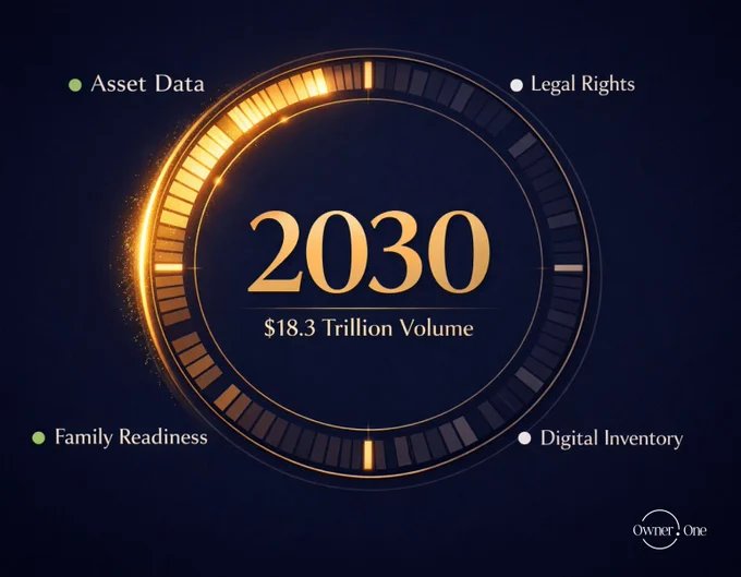 Before 2030, $18.3 trillion will transfer within families. Most of it has never been digitally inventoried.
The Great Wealth Transfer is not a future event. It is happening now.
$18.3 trillion in capital will move within wealthy families before 2030. That is five years away. Not a planning horizon — an active countdown.
The families already inside that transfer window face a practical problem, not a philosophical one: they need to move asset data and legal rights to the right people, in the right format, at the right moment.
Most families in this bracket ($5M–$150M) have not inventoried their assets digitally. They rely on personal infrastructure — lawyers, advisors, family office staff — who know partial information and serve today, not the day the founder is gone.