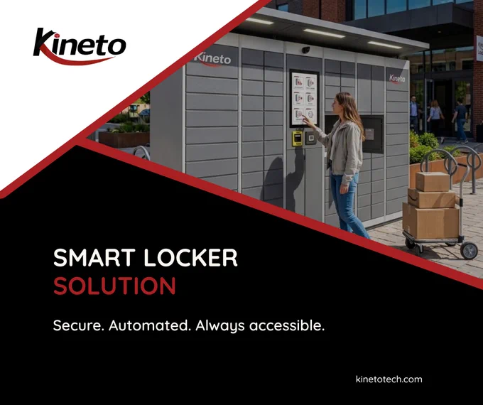 A woman uses a Kineto smart locker system outdoors, with stacked packages nearby. Text reads: "Smart Locker Solution — Secure. Automated. Always accessible."
