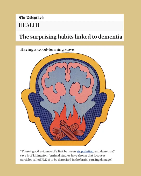 A montage of two combined screenshots of an article on The Telegraph website. The headline says “The surprising habits linked to dementia.” Underneath it says “Having a wood-burning stove.” There is a drawn-style illustration of a wood fire burning inside a cut-away view of a head, as if it were cooking the brain. Text under the illustration notes that there’s good evidence of a link between air pollution and dementia. PM2.5 can be deposited in the brain, causing damage.