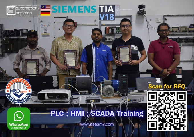 Real Industrial Learning Experience

From 01 to 05 October 2025, AS Automation Services Johor Bahru conducted a 5 day Siemens PLC and HMI Training designed for real world automation.

Three participants joined this session, including an international trainee from Papua New Guinea and two Malaysian engineers from automation and robotics industries.

They learned Siemens S7 1200 PLC, TIA Portal V18, HMI configuration, and Sinamics G120 drive control with full hardware setup and troubleshooting.

We continue to deliver hands on training that empowers engineers with confidence and practical skills.

#PLCTraining #SiemensPLC #HMITraining #SCADATraining #TIAportal #AutomationEngineer #IndustrialAutomation #PLCWorkshop #HRDCorpClaimable #EngineeringSkills #MalaysiaTraining #AutomationTraining #SiemensS71200 #KTP400HMI #SinamicsG120 #FactoryAutomation #AutomationMalaysia #PLCProgramming #TIAportalV18 #AutomationWorkshopMY #PLCHandsOn #EngineeringMalaysia #AutomationLearning #IndustrialSkillsMY