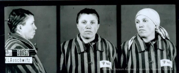 Black and white historical photograph displaying a prisoner in a striped uniform from Auschwitz, shown in front, left profile, and a slightly turned head with a hat on.Registration number 11316 and name K.L Auschwitz are visible.
