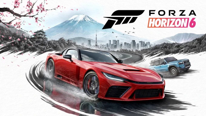 Promotional image for Forza Horizon 6 showing two cars drifting on a wet mountain road in Japan, with Mount Fuji, cherry blossoms, temples, and a city skyline in the background.