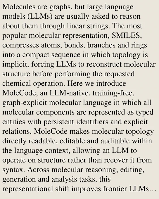 Molecules are graphs, but large language models (LLMs) are usually asked to reason about them through linear strings. The most popular molecular representation, SMILES, compresses atoms, bonds, branches and rings into a compact sequence in which topology is implicit, forcing LLMs to reconstruct molecular structure before performing the requested chemical operation. Here we introduce MoleCode, an LLM-native, training-free, graph-explicit molecular language in which all molecular components are represented as typed entities with persistent identifiers and explicit relations. MoleCode makes molecular topology directly readable, editable and auditable within the language context, allowing an LLM to operate on structure rather than recover it from syntax. Across molecular reasoning, editing, generation and analysis tasks, this representational shift improves frontier LLMs most strongly when structural access is limiting: unfamiliar molecules, topology-sensitive operations, larger structures