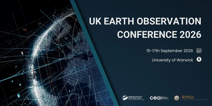 Promo graphic for the UK Earth Observation Conference 2026, 15–17 September at the University of Warwick, with a stylised glowing Earth.