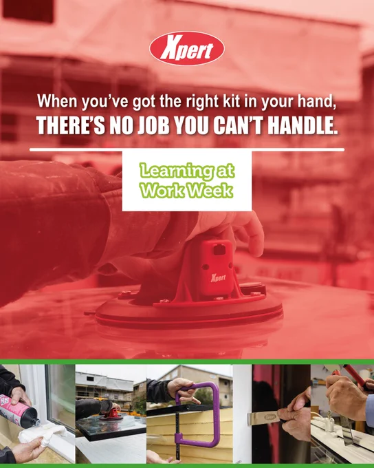 To coincide with Learning at Work Week, this image shows the Xpert PowerLift vaccum lifter in action, emphasising skill and the message about learning every day on the job in the door and window trade and having the right equipment for any task.