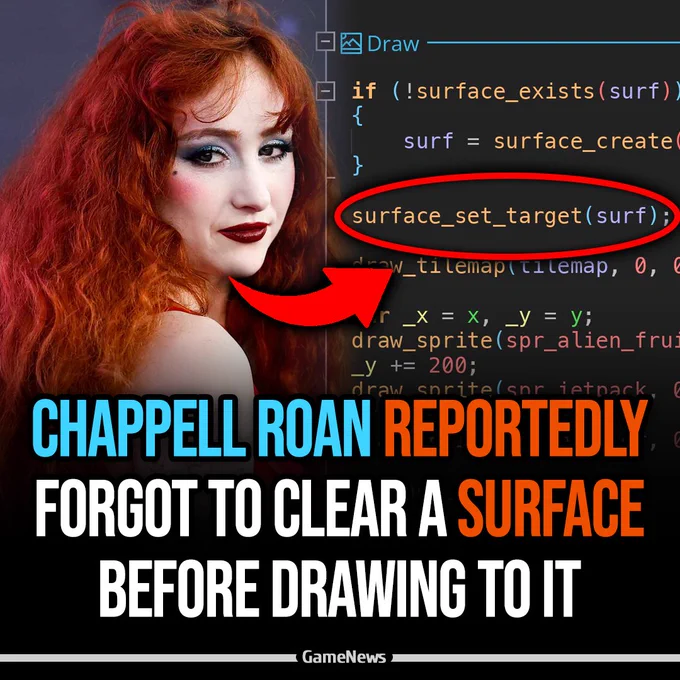 Meme-style thumbnail showing a Chappell Roan beside GameMaker code with surface_set_target(surf); circled in red. Text reads: “CHAPPELL ROAN REPORTEDLY FORGOT TO CLEAR A SURFACE BEFORE DRAWING TO IT.”